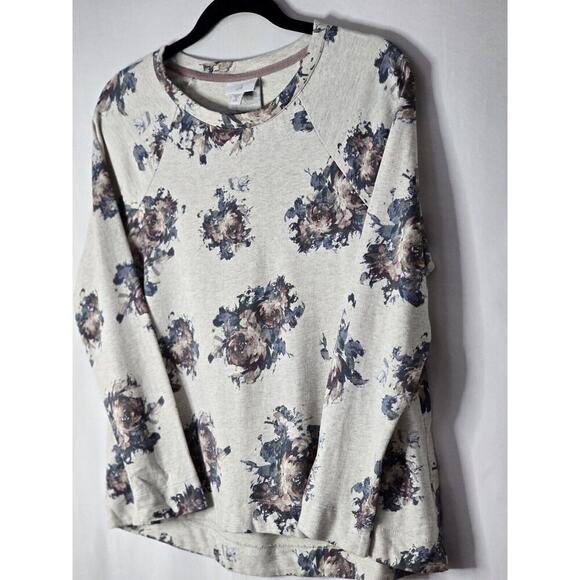 J. JILL Pleated-Back Floral Sweatshirt Oatmeal Heather Roses Cotton Size XSp - Picture 3 of 6